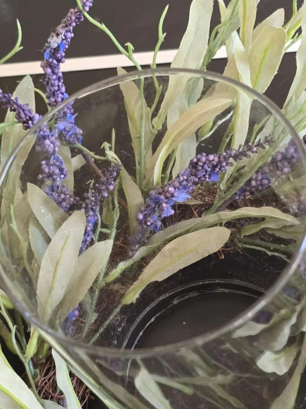 Lavender and Herb Table Ring Centerpiece with glass and battery-operated candle